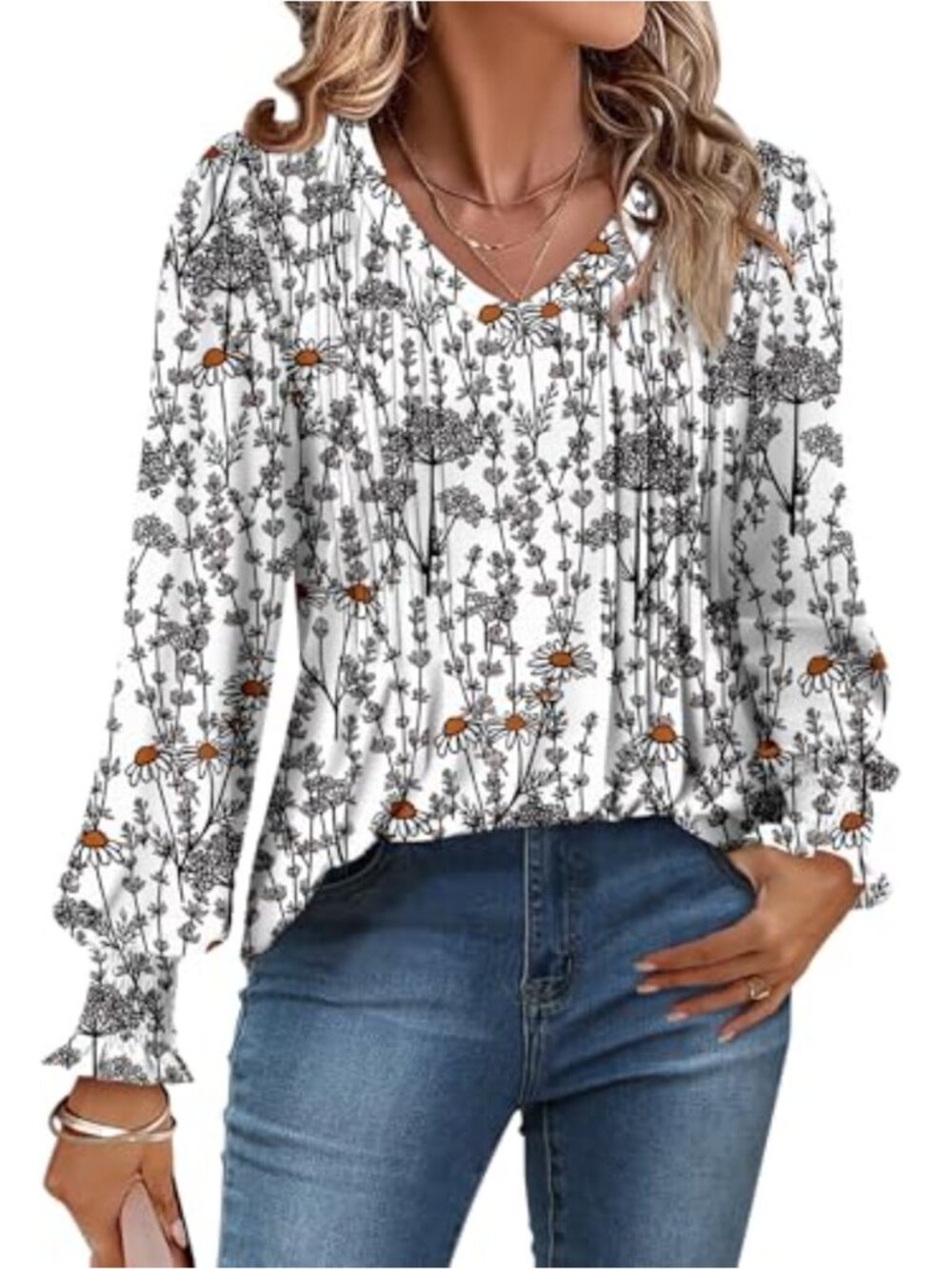 Womens Tunic Top V Neck Puff Long Sleeve Pleated Blouse Flowy Dressy Shirt
